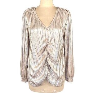 Metallic Gold Plisse Ruched Top L Marc New York Long Sleeve V Neck Holiday Glam